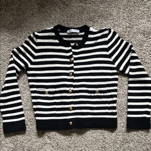 Zara Black and White Striped Cardigan with Gold Buttons